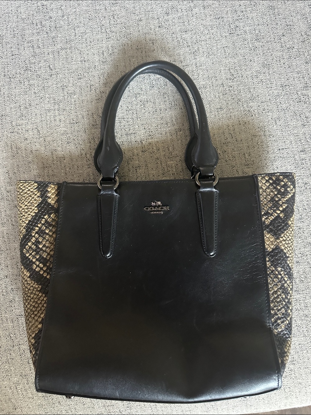 Coach Black Leather Tote with Snake-Print Panels